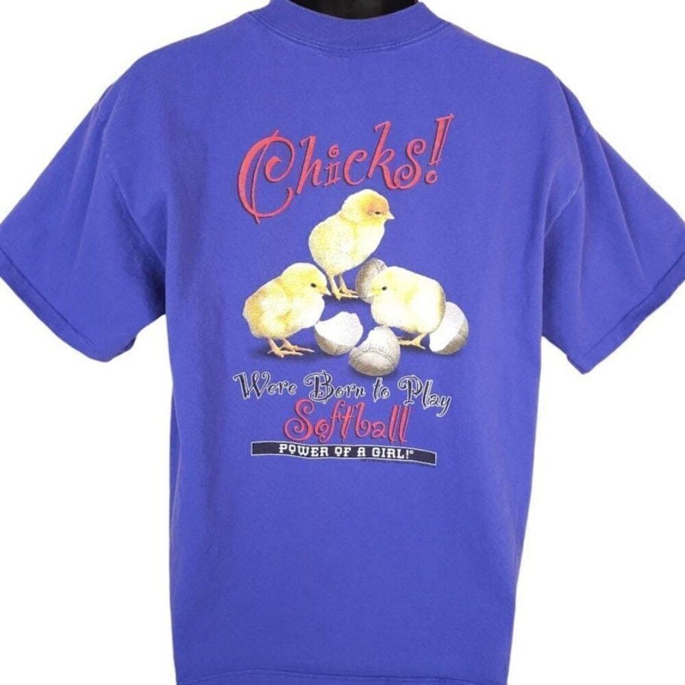 Vintage Softball T Shirt Mens Size Large Blue 90s Chicks Were Born To Play USA